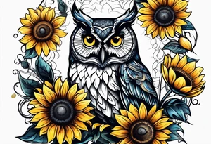 Owl with sunflower and butterfly tattoo idea