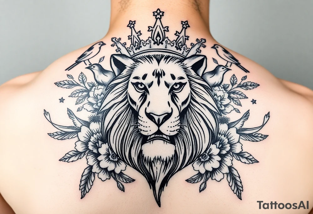 powerful majestic lion with a crown, surrounded by floral ornaments and birds tattoo idea