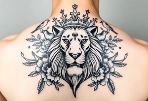 powerful majestic lion with a crown, surrounded by floral ornaments and birds tattoo idea