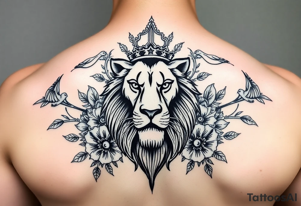 powerful majestic lion with a crown, surrounded by floral ornaments and birds tattoo idea