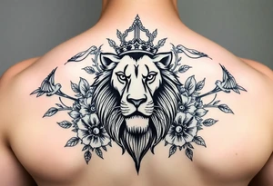 powerful majestic lion with a crown, surrounded by floral ornaments and birds tattoo idea