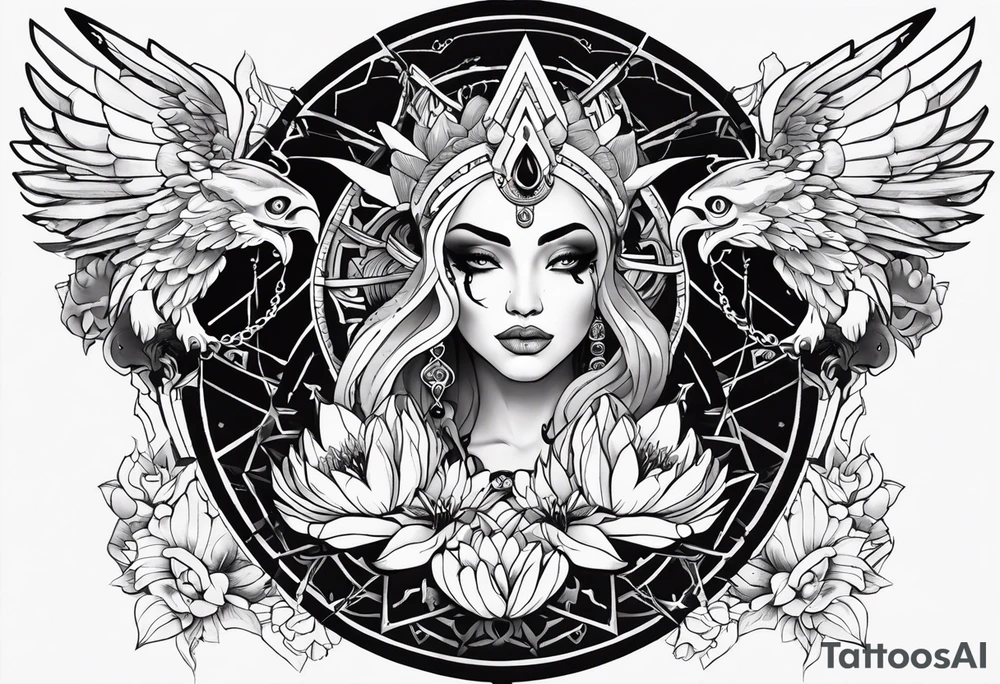 kali ma, alien goddess, valkrye, aries, pirate, divine feminine, zenza resonance, pachamama, lotus azul, blank panther, eagle, skull, 5D, nueva gaya, dna 12, left side chest tatoo tattoo idea