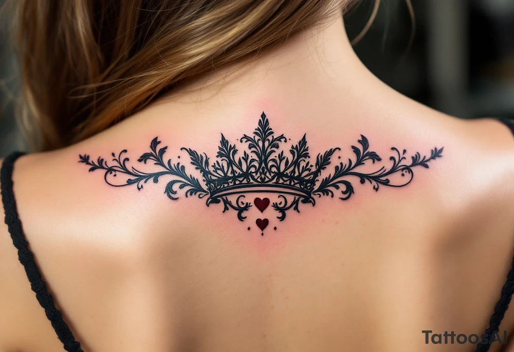 Ornate filigree-style black crowns with small deep red heart designs beneath each. tattoo idea