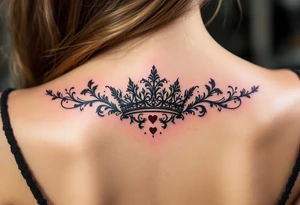 Ornate filigree-style black crowns with small deep red heart designs beneath each. tattoo idea