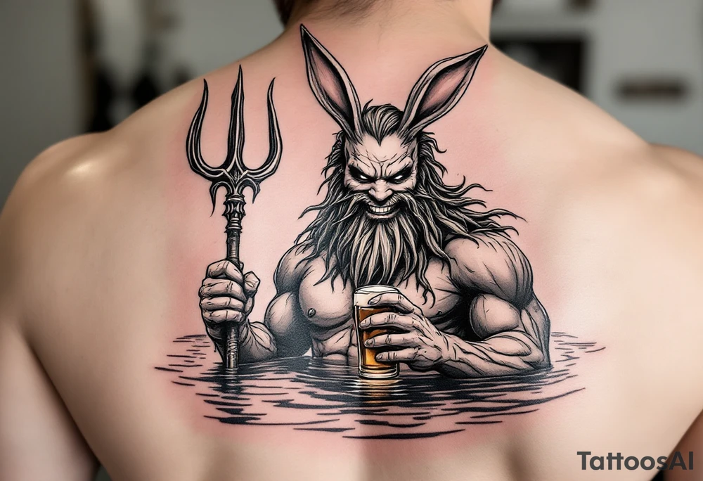 smiling poseidon in calm water, holding a trident, holding a beer, with bunny ears tattoo idea