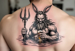 smiling poseidon in calm water, holding a trident, holding a beer, with bunny ears tattoo idea