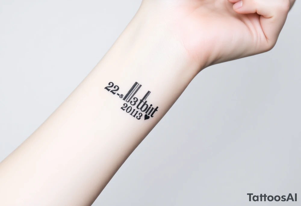 minimalist barcode with the couple’s wedding date (22 - 03 - 2012) hidden in the numbers under barcode with heart tattoo idea