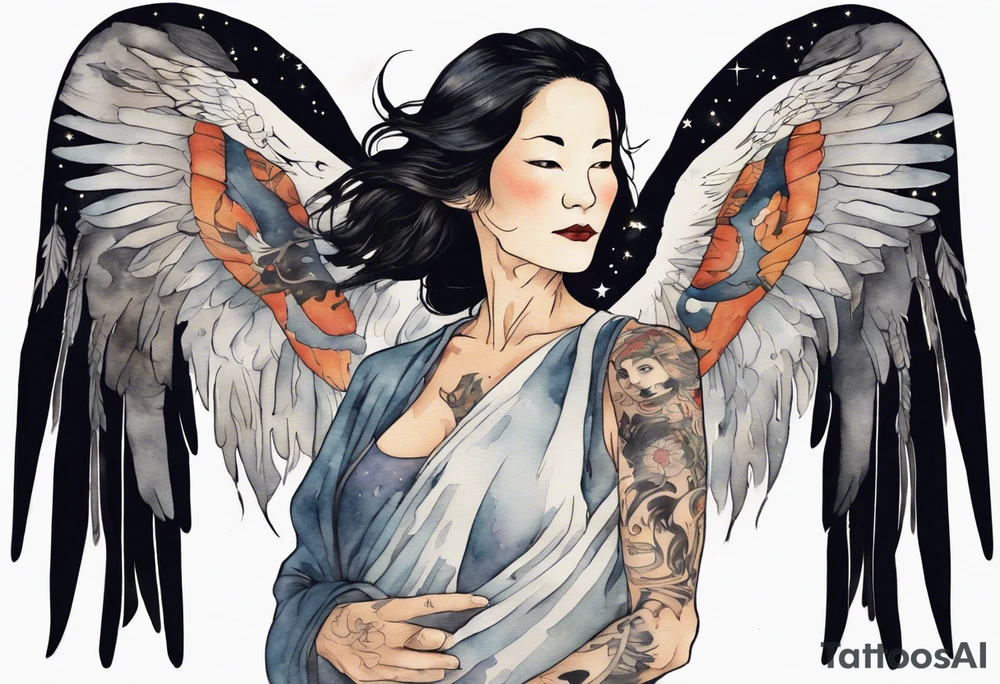 a beautiful 55 year old Dakota woman wearing a tunic, flying in the night sky with black wings, tattoo idea