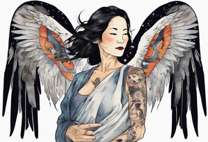 a beautiful 55 year old Dakota woman wearing a tunic, flying in the night sky with black wings, tattoo idea