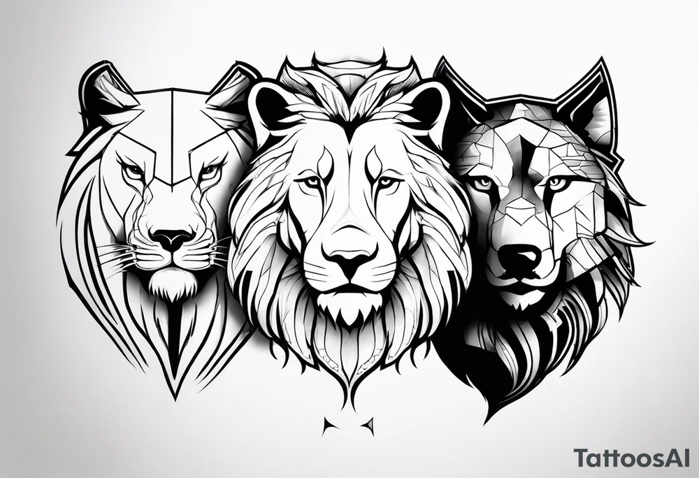 Face of a 1 Lion, 1 eagle, and 1 wolf tattoo idea