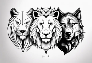 Face of a 1 Lion, 1 eagle, and 1 wolf tattoo idea