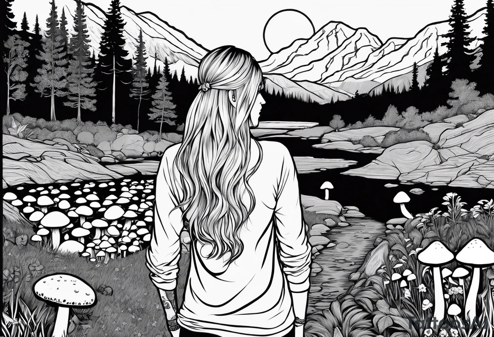 Whole picture encircled fully

Straight long blonde hair hippie girl in distance holding mushrooms in hand facing away toward mountains and creek surrounded by mushrooms long sleeve shirt and hiking pants; whole rendering within a full circle, no cut off circle tattoo idea