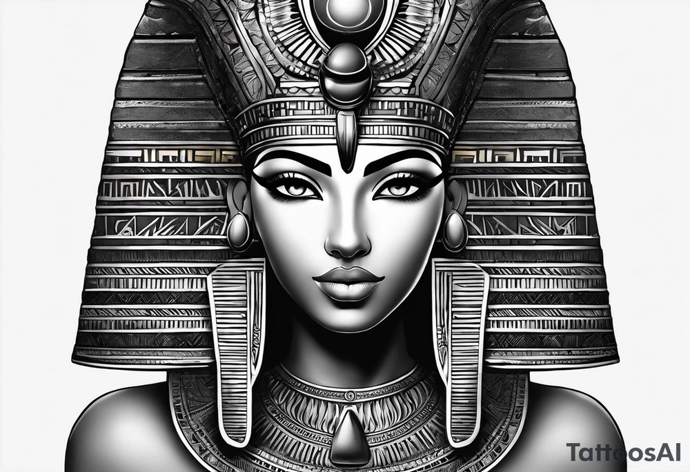 Egyptian figure girl. The figure should be from the hips, featuring a regal headdress and detailed facial markings reminiscent of ancient Egyptian art. Include mystical and symbolic elements such as the Eye of Horus and ankh, blending subtly with geometric background patterns. tattoo idea