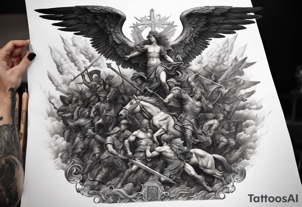 Full back piece depicting the war between angels above and demons below, with a trail up the middle of people carrying crosses up to heaven. tattoo idea