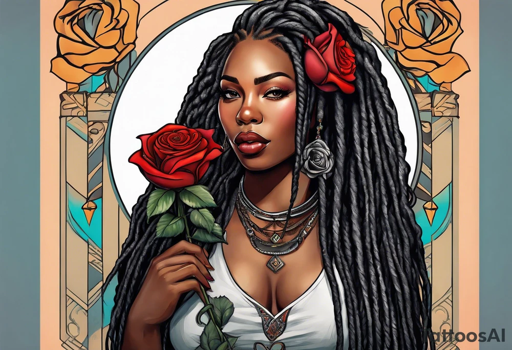 beautiful thick black women with long straight dreadlocks, holding a beautiful single rose,, pastel, old school traditional, tattoo idea