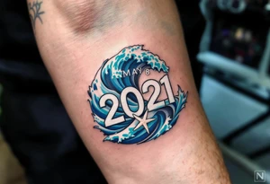 Roman's Birthdate (May 8, 2021) – Deep blue ocean waves wrapping around Roman's birthdate, with seafoam white accents and a starfish design near the numbers. tattoo idea