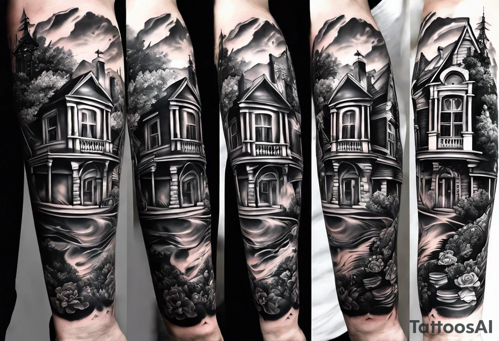 forearm sleeve, clock, house, stairs tattoo idea