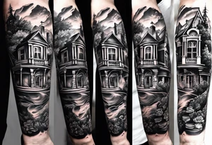 forearm sleeve, clock, house, stairs tattoo idea