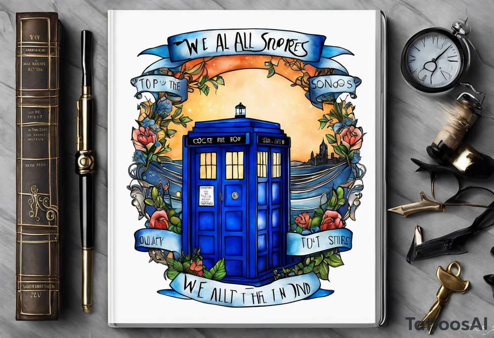 River songs diary from doctor who with the words "We're all stories in the end" I want just the TARDIS blue diary and those words in ribbons or something around the diary tattoo idea