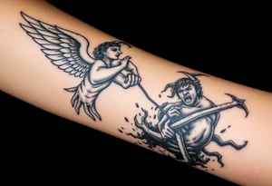 Angel grabing for mans hand ass he's being pulled to hell by demons tattoo idea