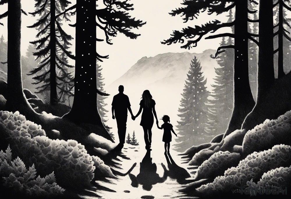A shadow of a father and wife and young son and young daughter  walking through the Pacific Northwest Forrest.. Trust in God tattoo idea