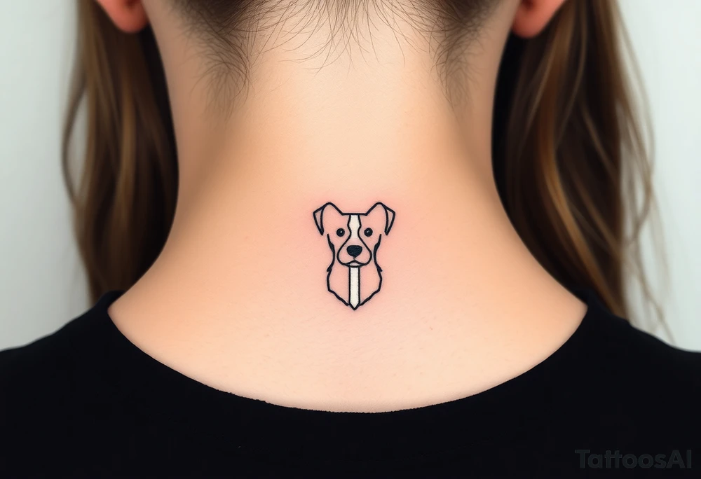 One line tattoo of female dog with white strip going up dog’s snout slightly off centered. With young slightly out tattoo idea