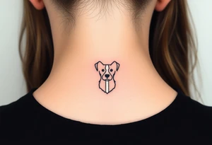 One line tattoo of female dog with white strip going up dog’s snout slightly off centered. With young slightly out tattoo idea