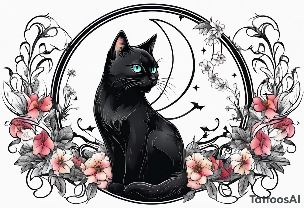 Photo realistic black cat with moon and flowers tattoo idea