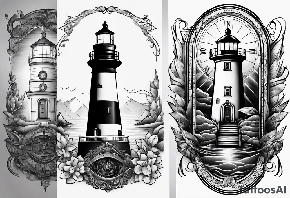 An open book with a lighthouse in the middle and a compass to wrap around forearm tattoo idea