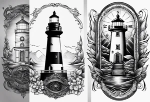 An open book with a lighthouse in the middle and a compass to wrap around forearm tattoo idea
