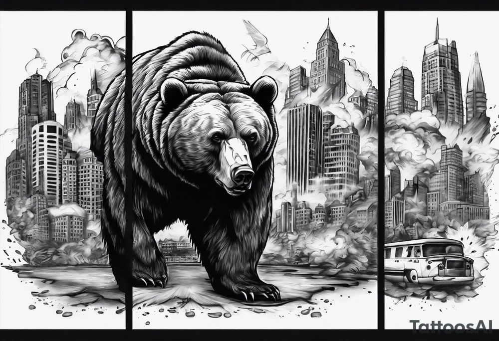 Serious bear coming up behind a city tattoo idea