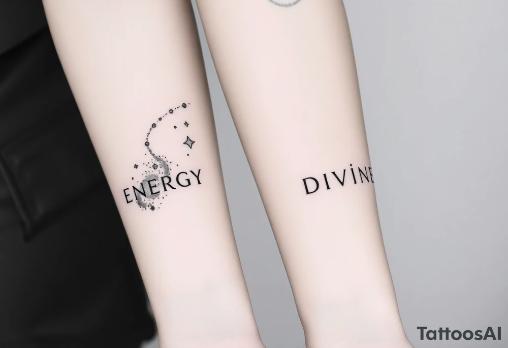 Two minimalist blackwork dotwork tattoos featuring the word ‘ENERGY’ on the left arm, balancing with ‘DIVINE’ on the right arm. Surrounding ‘ENERGY’ is a swirling nebula, stardust, or a comet, designed with intricate dot shading and fine linework. The tattoo is realistic yet subtle, creating a cosmic, ethereal feel while keeping a clean, minimalist aesthetic. The elements flow naturally, complementing the shape of the arm without overpowering the text. tattoo idea
