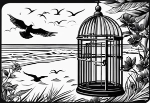 A simple birdcage with an open door, a seagull flying out
, on the beach, with the words be free tattoo idea