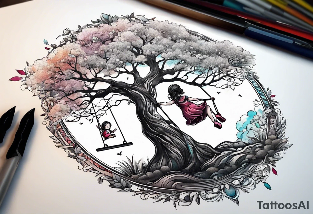 little girl swinging under a tree of life tattoo idea