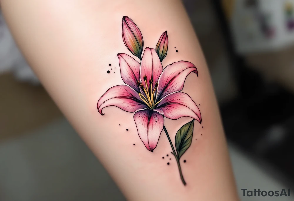 This image showcases a beautifully detailed Stargazer lily tattoo on a person’s leg. The tattoo features a fully bloomed pink lily with delicate shading and intricate petal details, giving it a realistic appearance. The petals have a soft gradient of pink with darker edges and speckled markings, characteristic of Stargazer lilies.

The design also includes a budding flower at the top, adding depth and a sense of natural growth. The green leaves and stem provide contrast, making the pink petals stand out. Surrounding the flower are subtle ink splashes or dot work, enhancing the watercolor effect and giving the tattoo a soft, artistic touch.

Overall, this tattoo exudes elegance, femininity, and a deep connection to nature, often symbolizing passion, prosperity, and celebration. Let me know if you’d like a custom design based on this style! tattoo idea