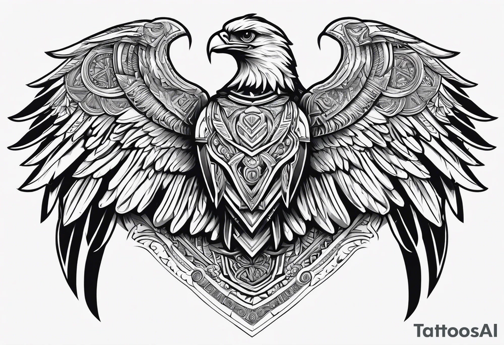 upper back and shoulder tattoo maori eagle wings with spartan helmet in middle with letters RELJA on top tattoo idea