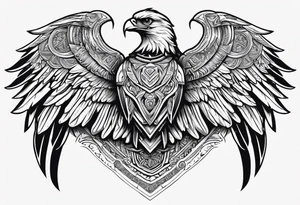 upper back and shoulder tattoo maori eagle wings with spartan helmet in middle with letters RELJA on top tattoo idea