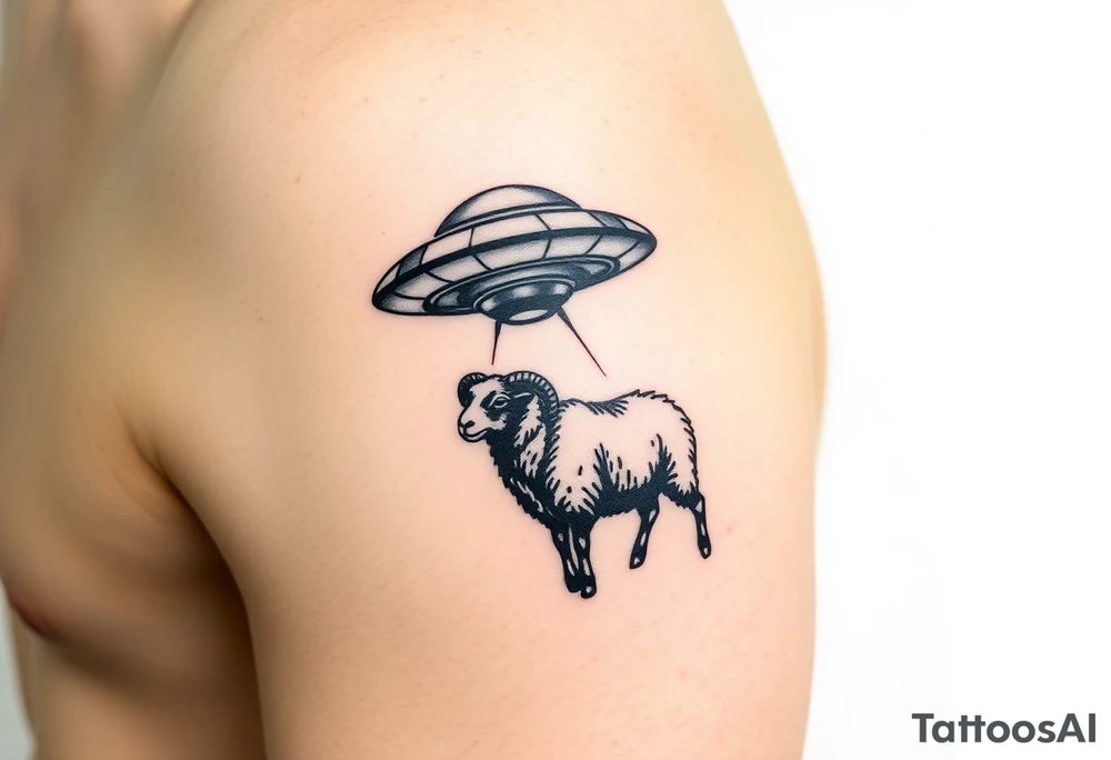 UFO abducting a black sheep. No color. Black and gray scale on back of arm above elbow tattoo idea