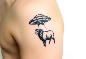 UFO abducting a black sheep. No color. Black and gray scale on back of arm above elbow tattoo idea