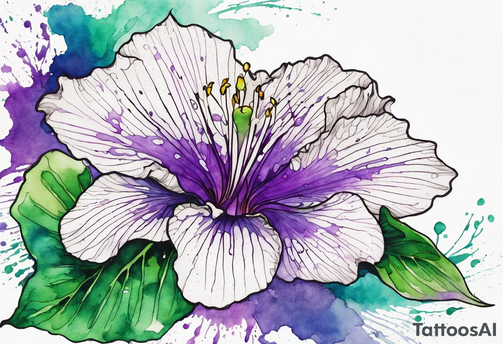 An outline of a green rio dipladenia flower and a purple watercolor splash in the background tattoo idea