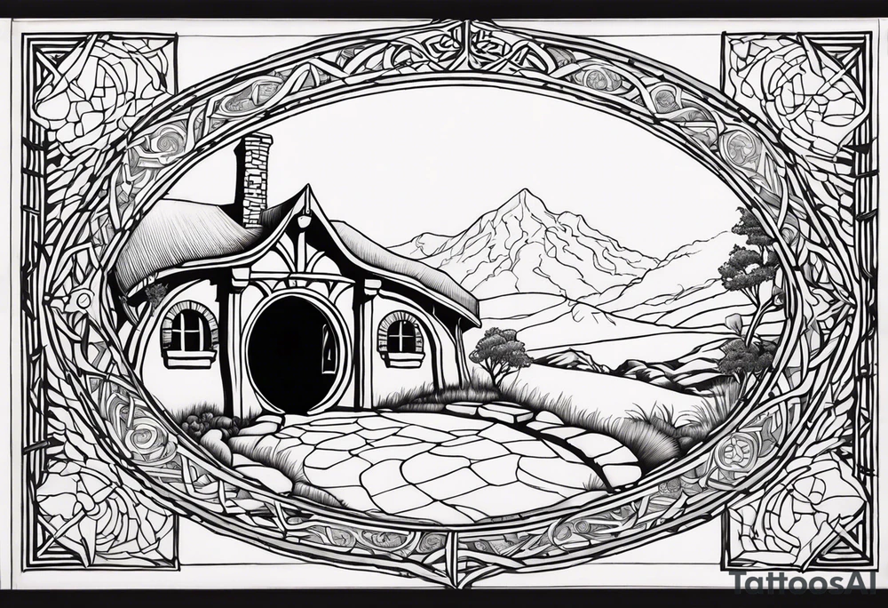Hobbit hole and the words the road goes ever on and on tattoo idea