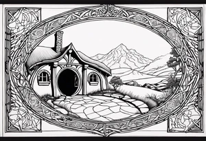Hobbit hole and the words the road goes ever on and on tattoo idea