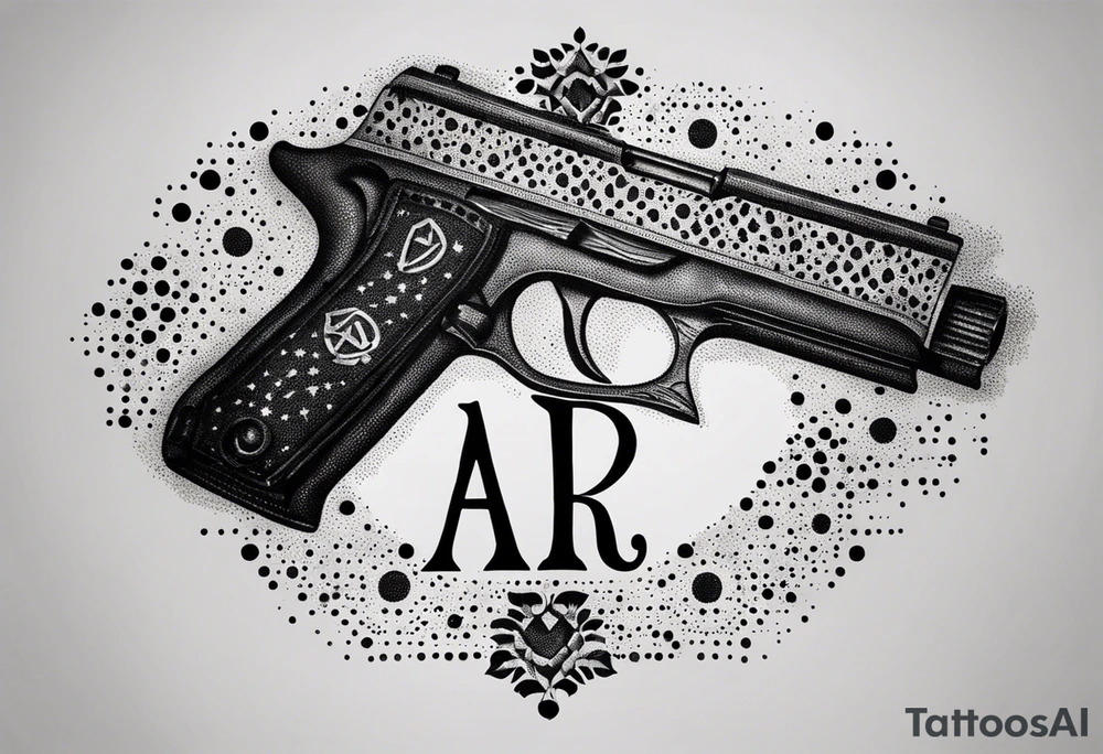 The letters AR with a pistol on each side and the word always on the top and ready on the bottom tattoo idea