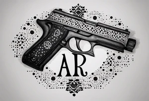 The letters AR with a pistol on each side and the word always on the top and ready on the bottom tattoo idea