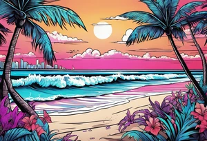 1980's miami vice style beach party, tattoo idea