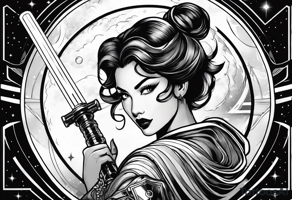 Pinup woman holding light saber in space tattoo idea