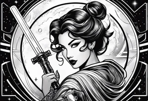 Pinup woman holding light saber in space tattoo idea