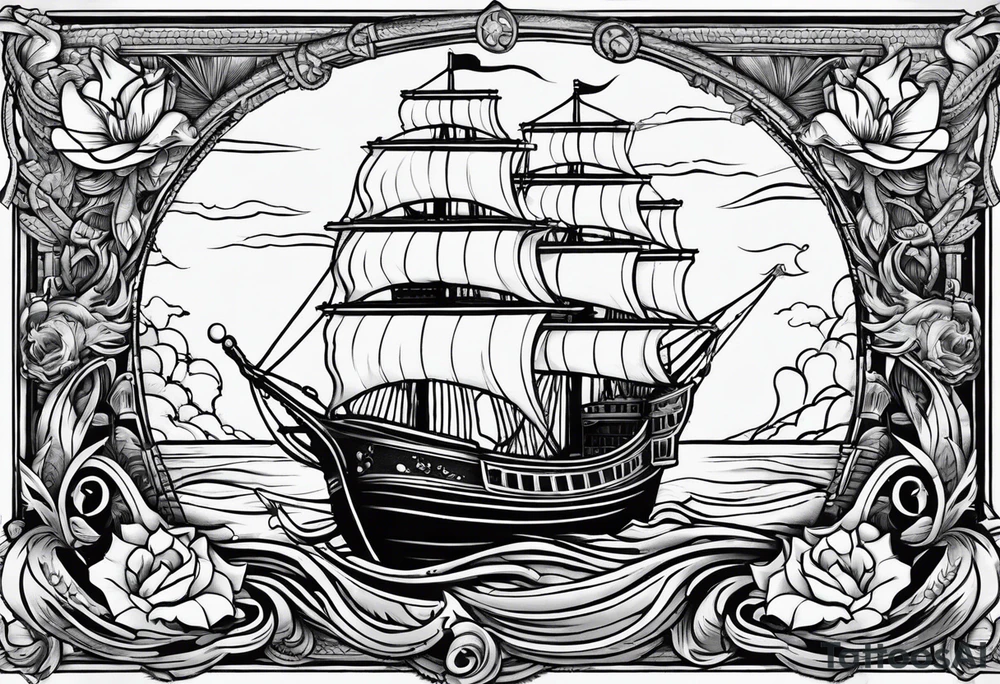 A American traditional tattoo style ship sinking with a mermaid on the right holding a rope and the mermaid on the left holding a dagger tattoo idea