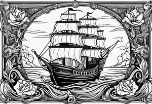 A American traditional tattoo style ship sinking with a mermaid on the right holding a rope and the mermaid on the left holding a dagger tattoo idea