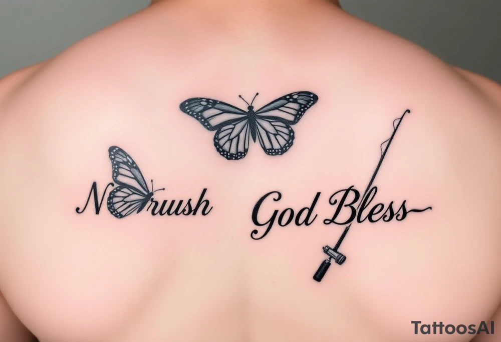 The words No Rush with a monarch butterfly and the words God Bless with a fishing pole. Tattoo is masculine for the upper arm tattoo idea